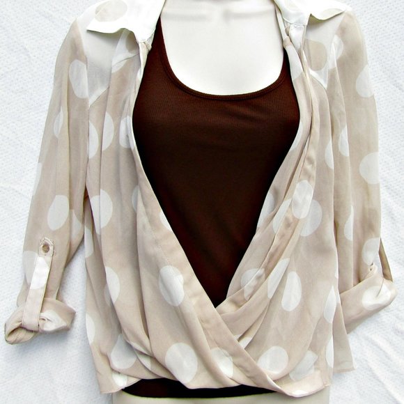 bebe Beige & Cream Sheer Polka dot Top with Button Cuffs - Size Womens Medium - Picture 2 of 6